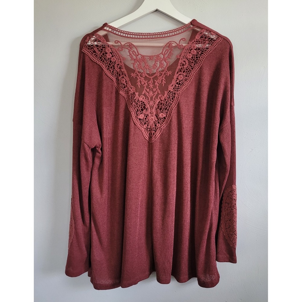 SIMPLY NOELLE Top Size XXL (16-18) Sangria Lace Detail Long Sleeve NEW